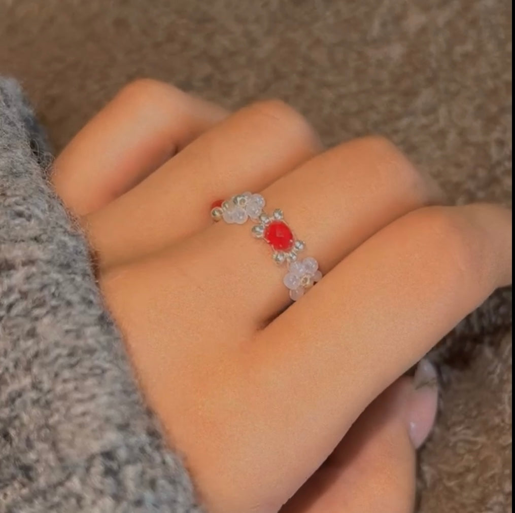 Handcrafted Beaded Ring - Red & Clear Floral Design