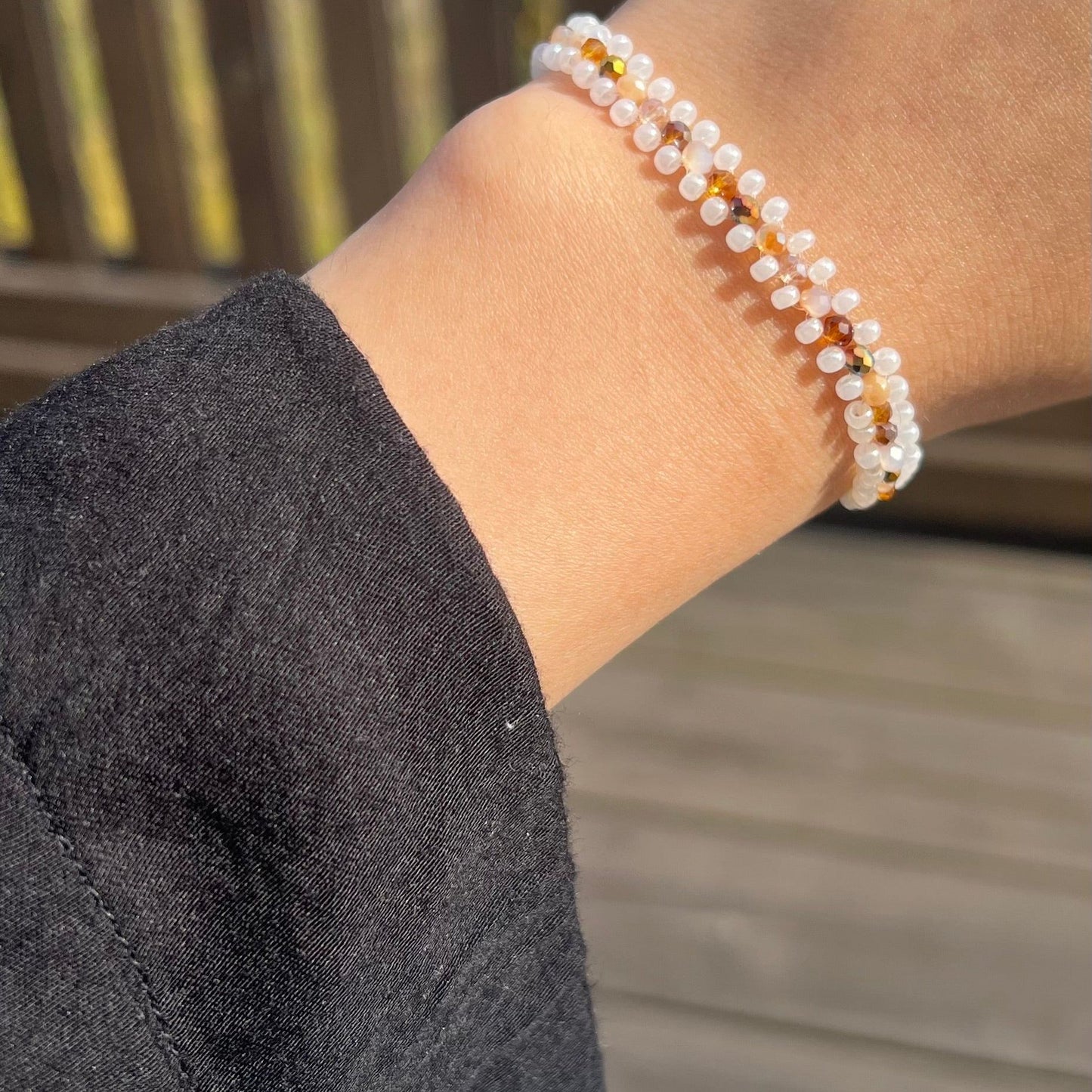 Elegant Double-Strand White and Amber Bead Bracelet