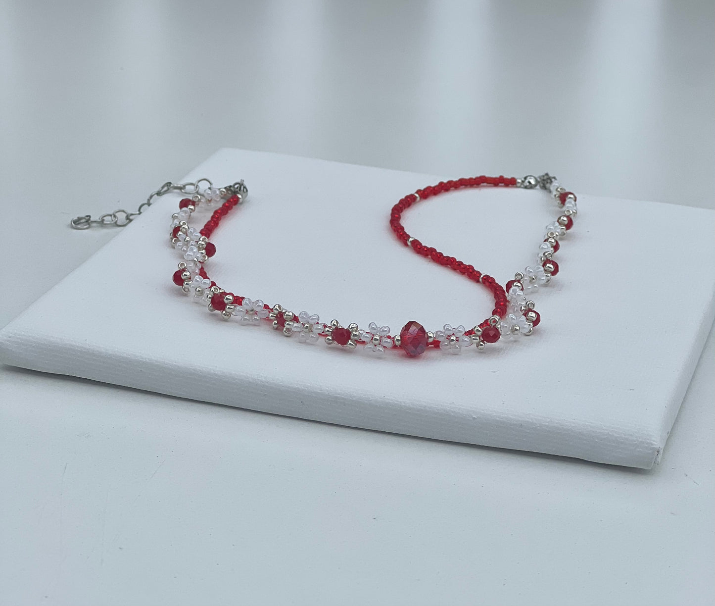 Handmade Red and White Beaded Necklace