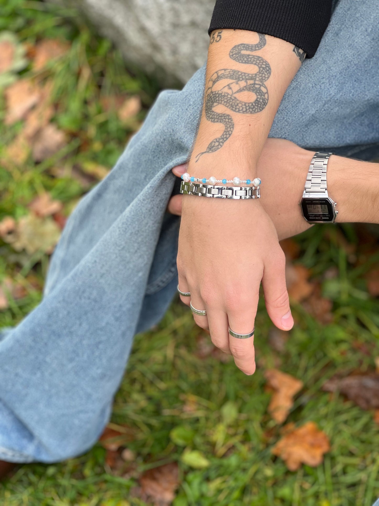 Ferskvannsperle Armbånd for Gutter - Hvit og Lyseblå