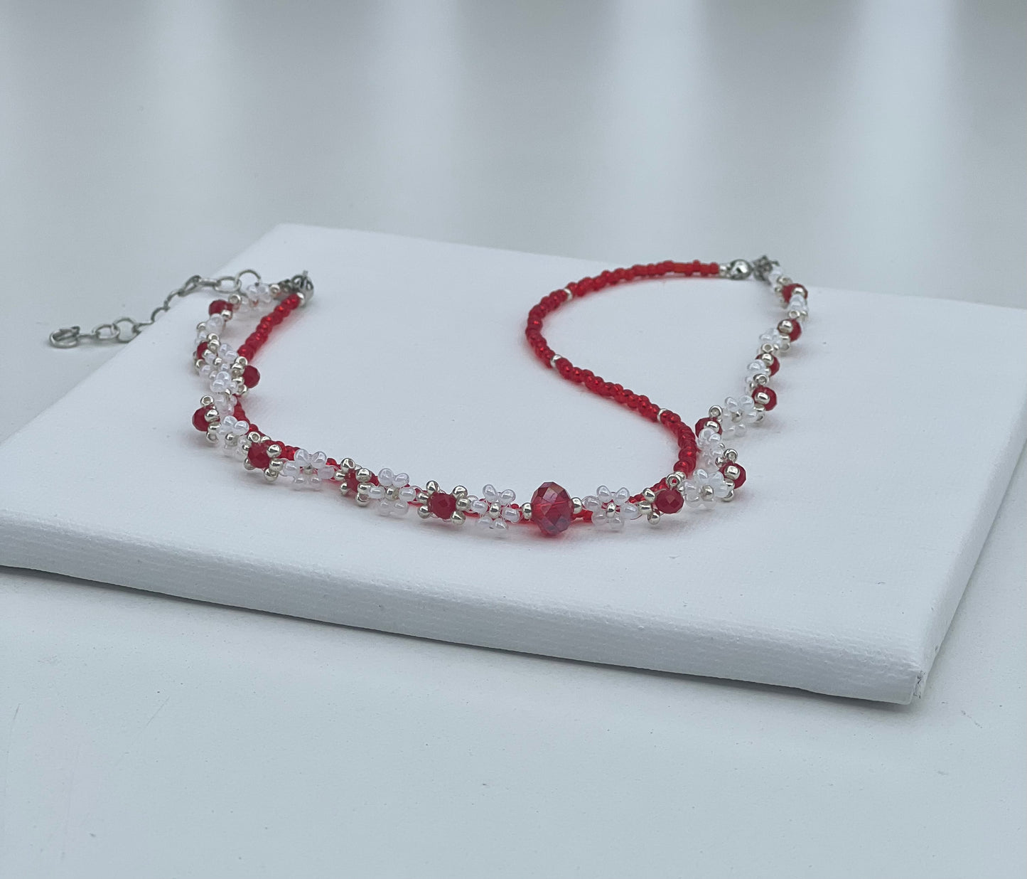 Handmade Red and White Beaded Necklace