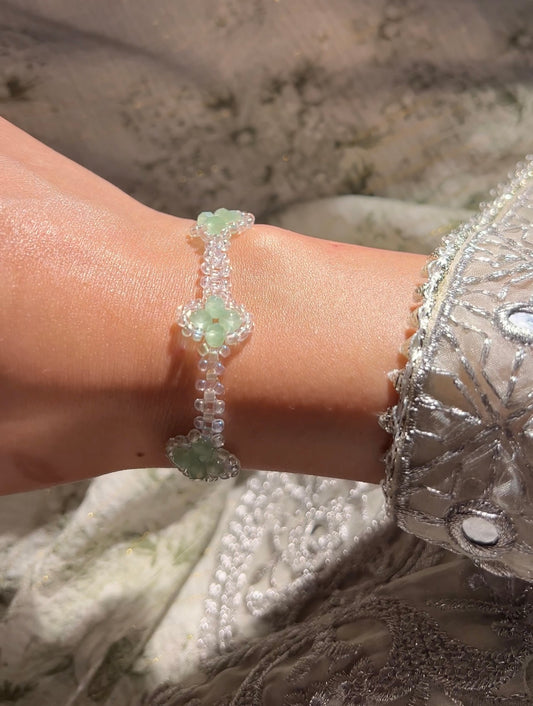 Kløverblad Armbånd - Grønn med Krystallperler